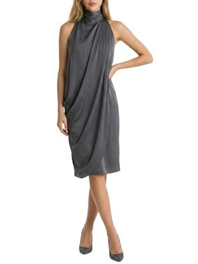 NWOT Zara Gray Satin Effect Asymmetrical Minimalist Drape Dress